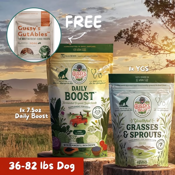 A performance-focused ad creative showcasing a supplement bundle for dogs, highlighting a free treat offer and specific weight-range suitability.